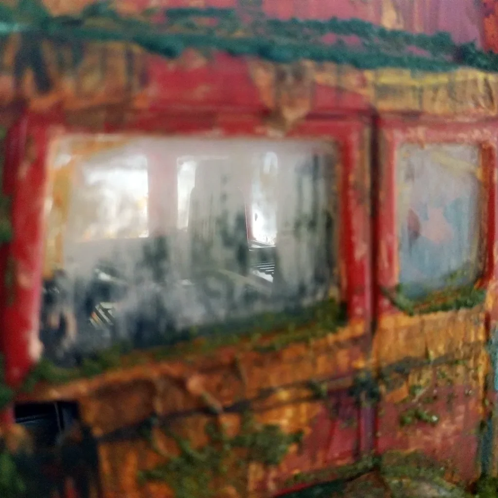 completed rustic truck model, window view