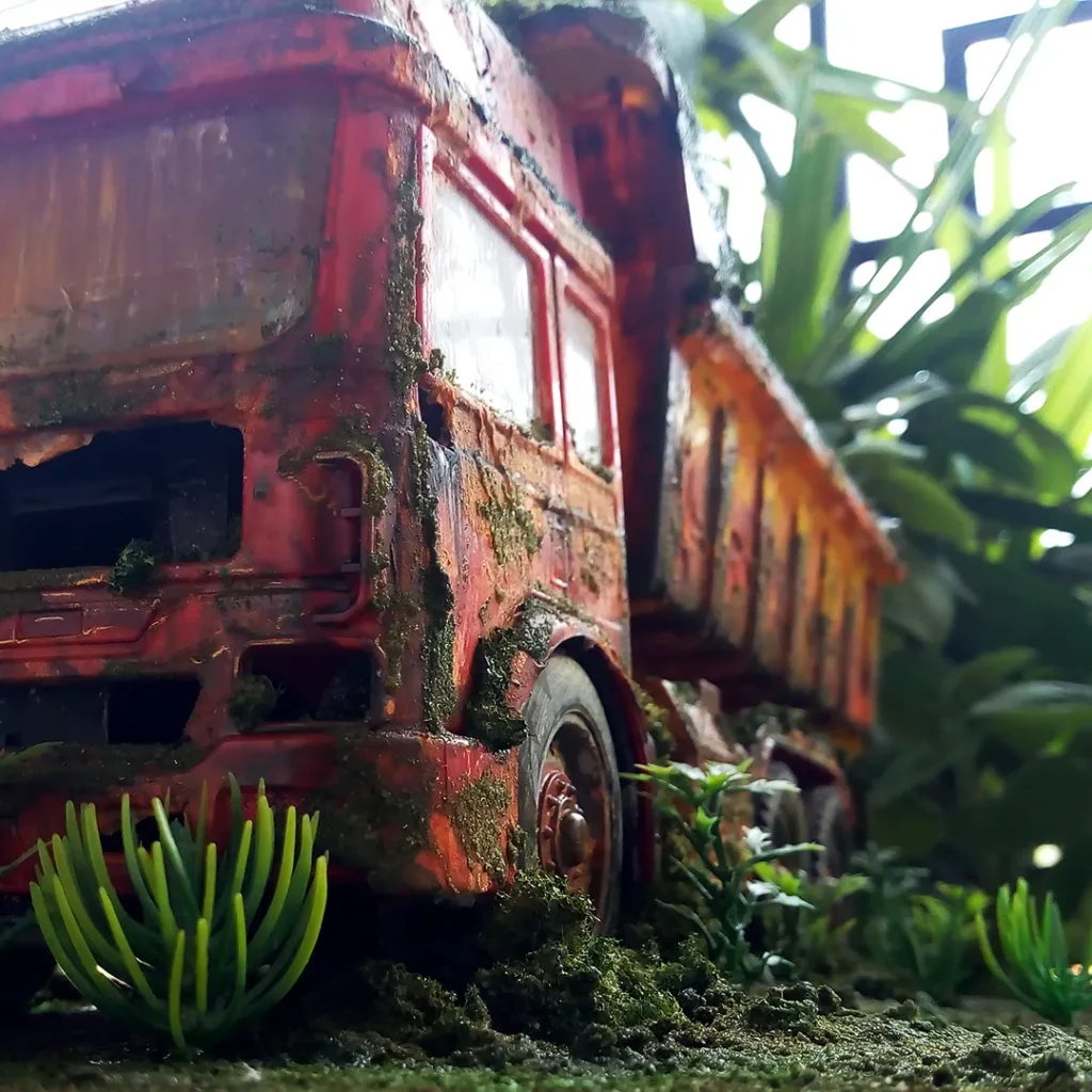 completed rustic truck model, low angle