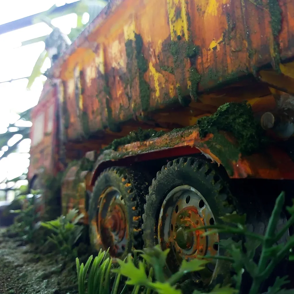 completed rustic truck model, rear view