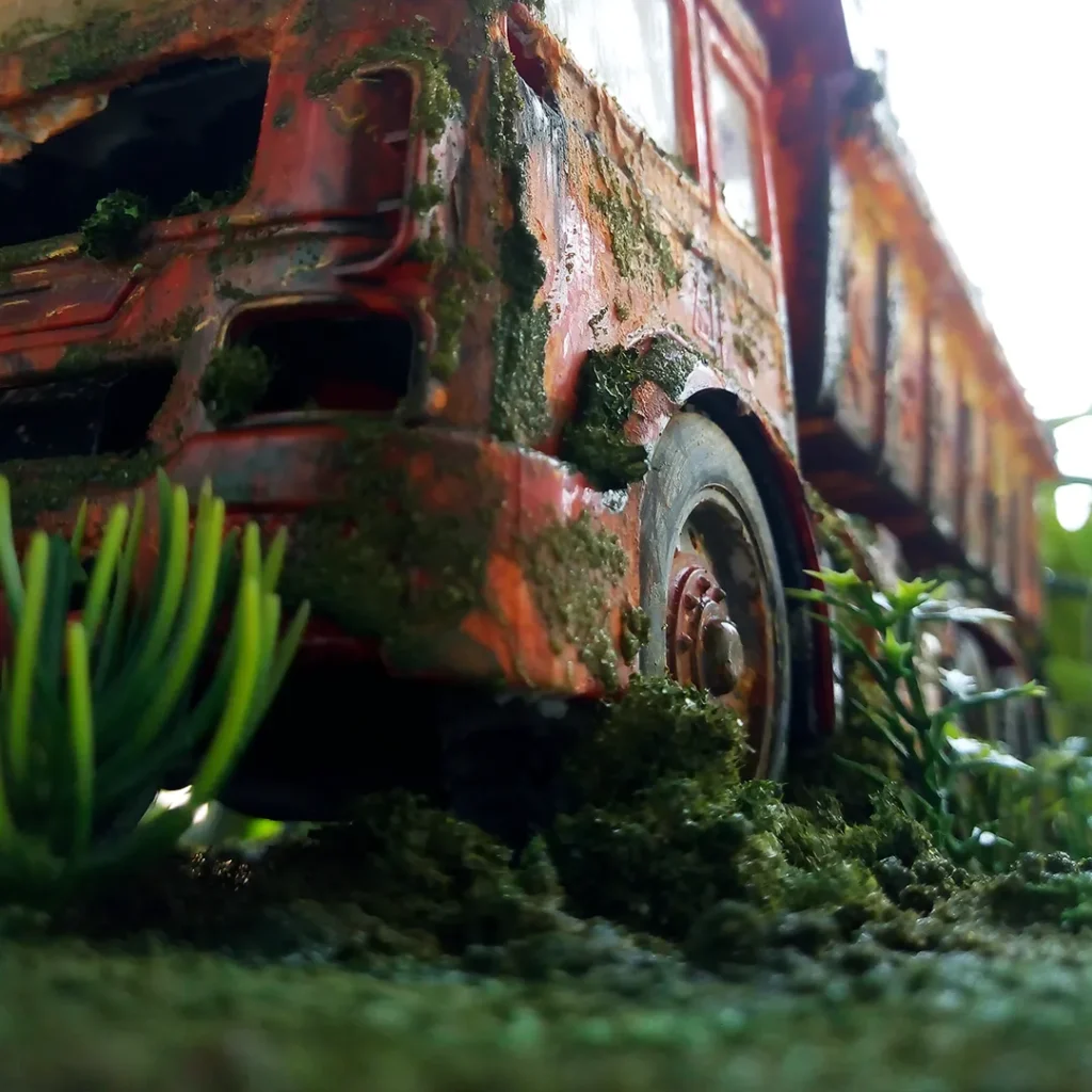 completed rustic truck model, low angle, front