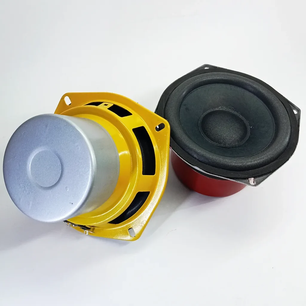 Pair of 5inches speaker with Silver and yellow, Red and silver color combination.